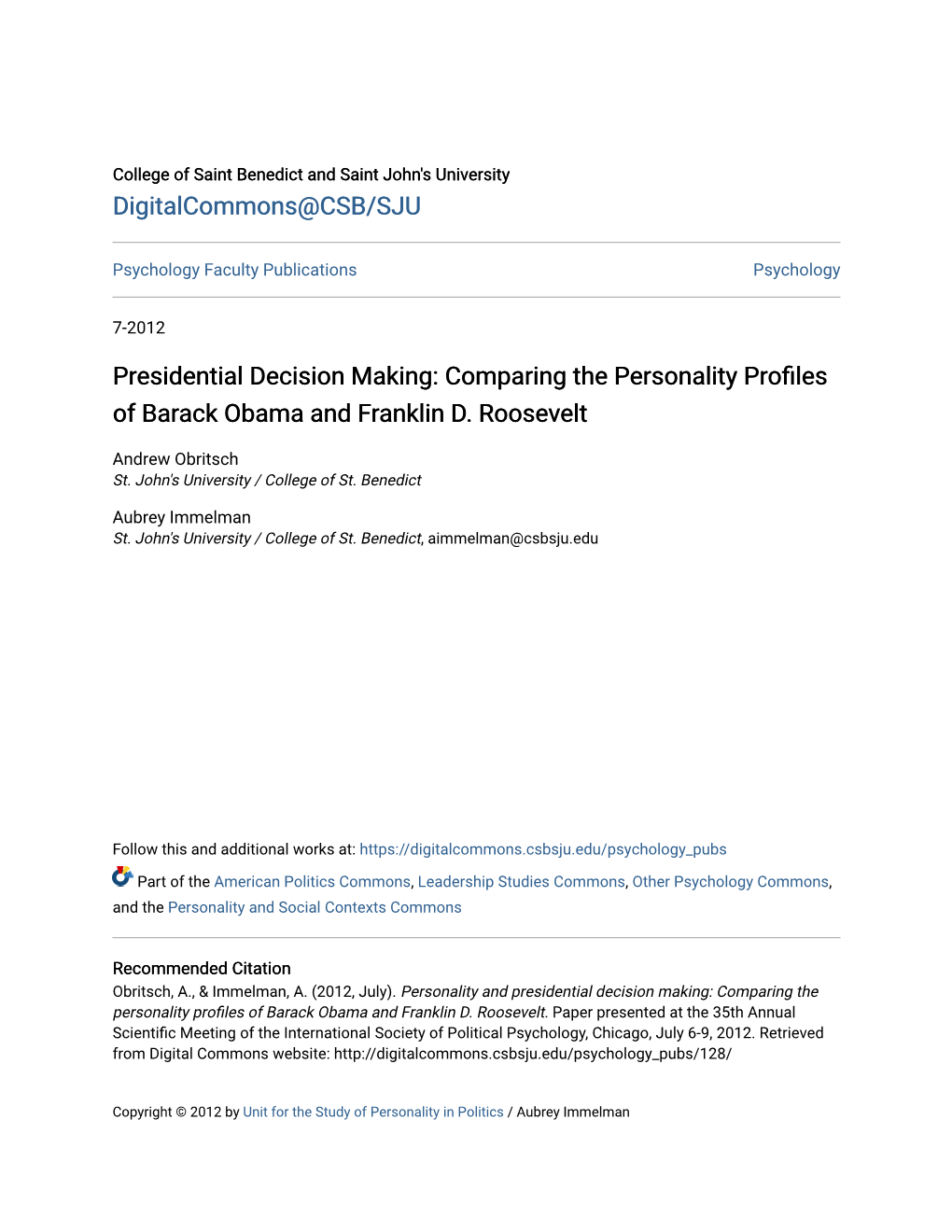 Comparing the Personality Profiles of Barack Obama and Franklin D