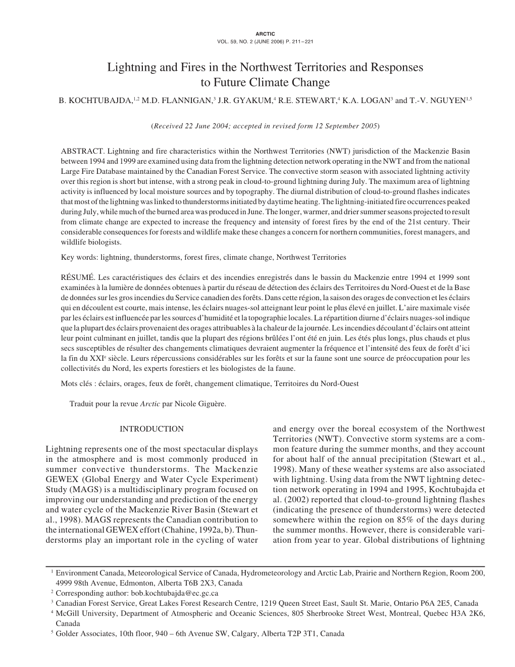 Lightning and Fires in the Northwest Territories and Responses to Future Climate Change B