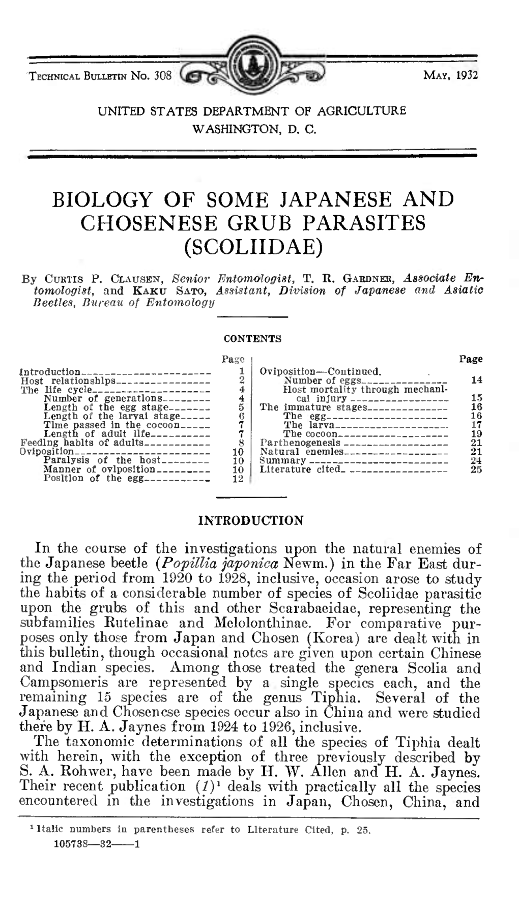 Biology of Some Japanese and Chosenese Grub Parasites (Scoliidae)