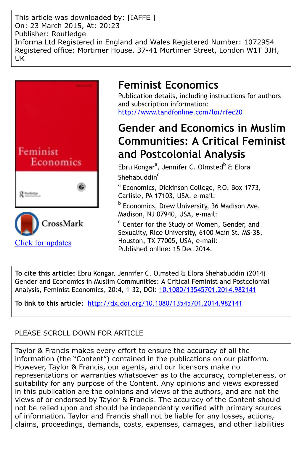 Gender and Economics in Muslim Communities: a Critical Feminist and Postcolonial Analysis Ebru Kongara, Jennifer C