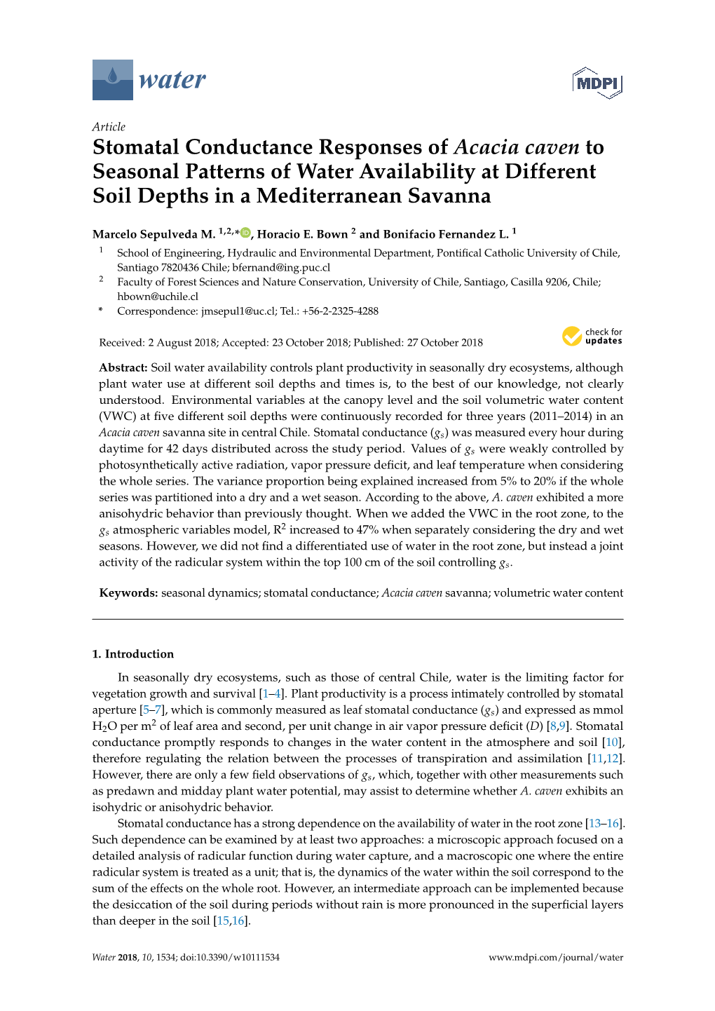 Stomatal Conductance Responses of Acacia Caven to Seasonal Patterns of Water Availability at Different Soil Depths in a Mediterranean Savanna