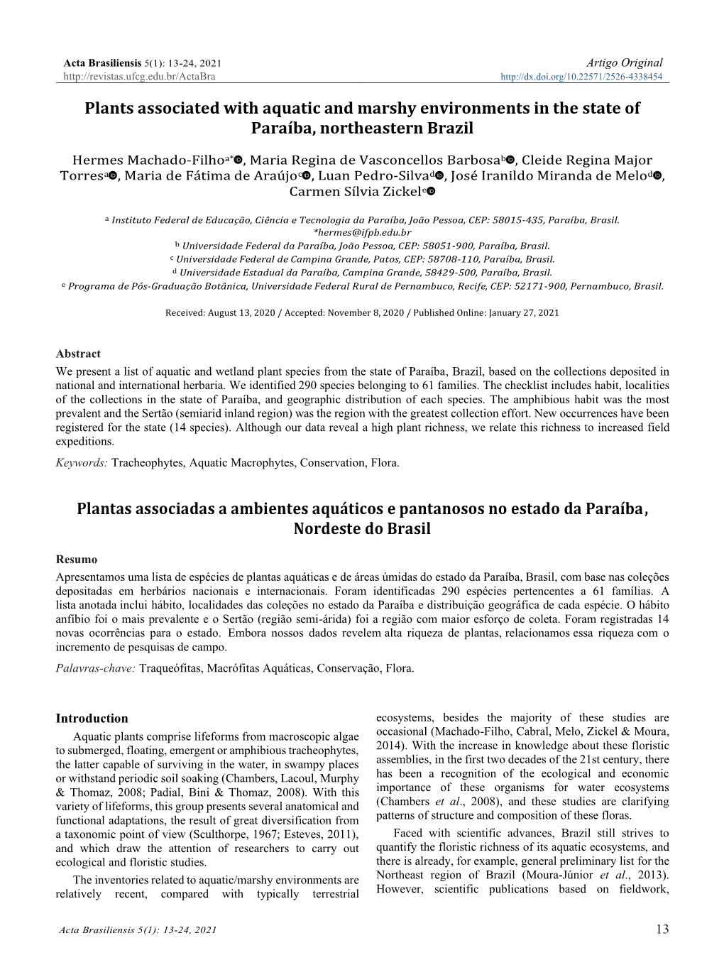 Plants Associated with Aquatic and Marshy Environments in the State of Paraíba, Northeastern Brazil