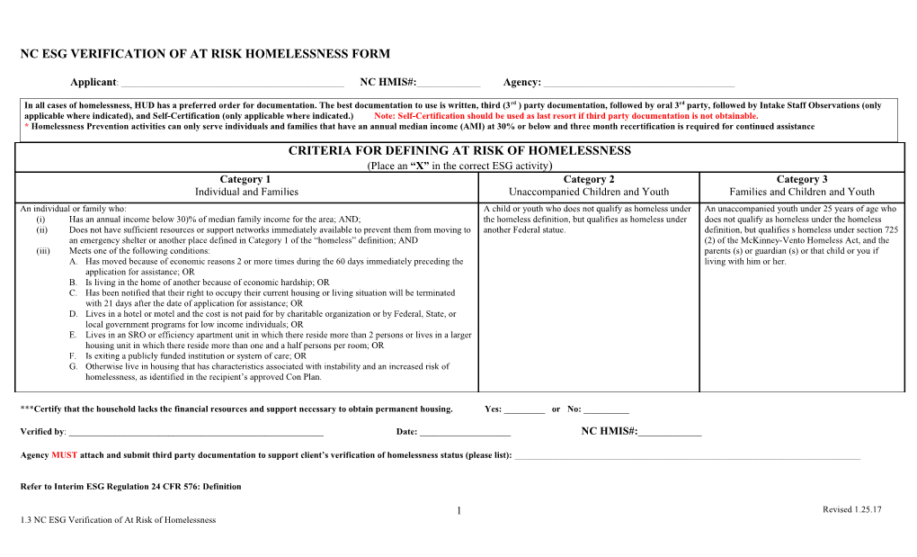 Emergency Solutions Grant Verification of Homelessness