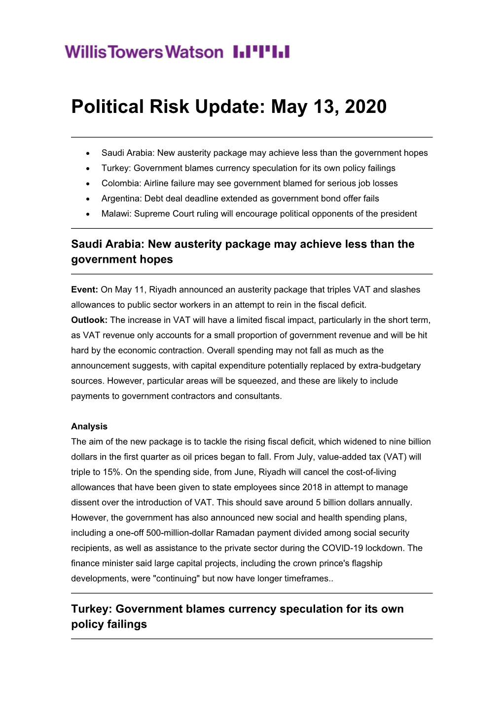 Political Risk Update: May 13, 2020