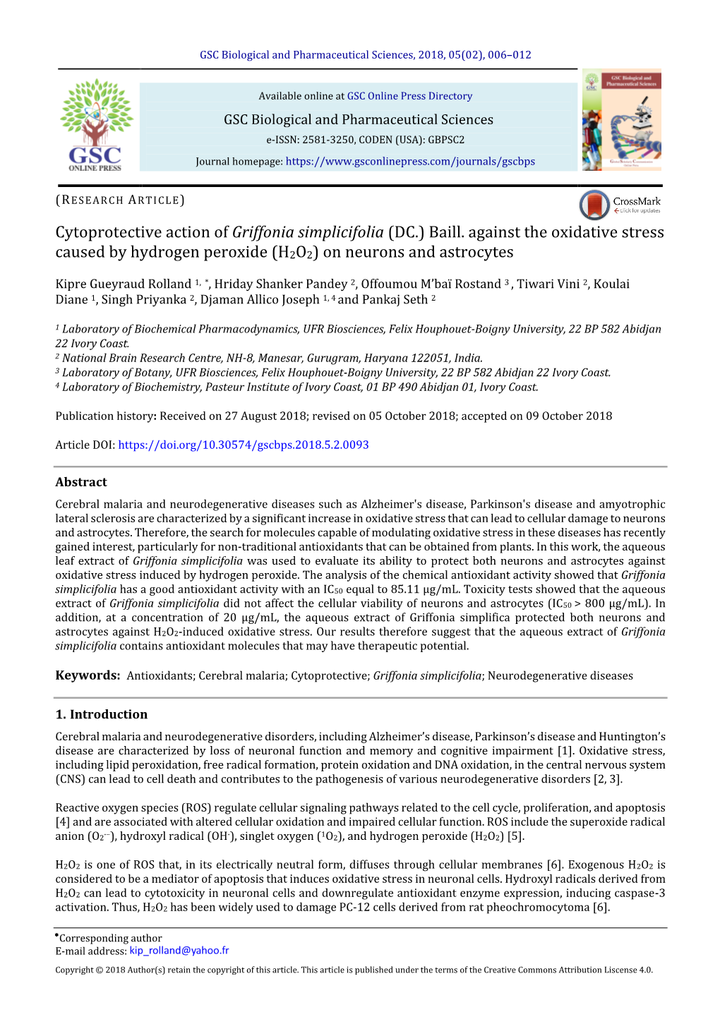 Cytoprotective Action of Griffonia Simplicifolia (DC.) Baill. Against the Oxidative Stress Caused by Hydrogen Peroxide (H2O2) on Neurons and Astrocytes