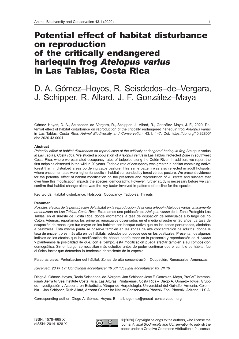 Potential Effect of Habitat Disturbance on Reproduction of the Critically Endangered Harlequin Frog Atelopus Varius in Las Tablas, Costa Rica