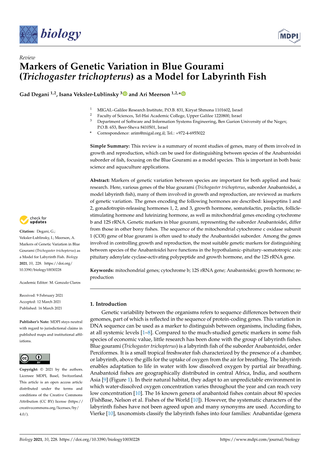 Markers of Genetic Variation in Blue Gourami (Trichogaster Trichopterus) As a Model for Labyrinth Fish