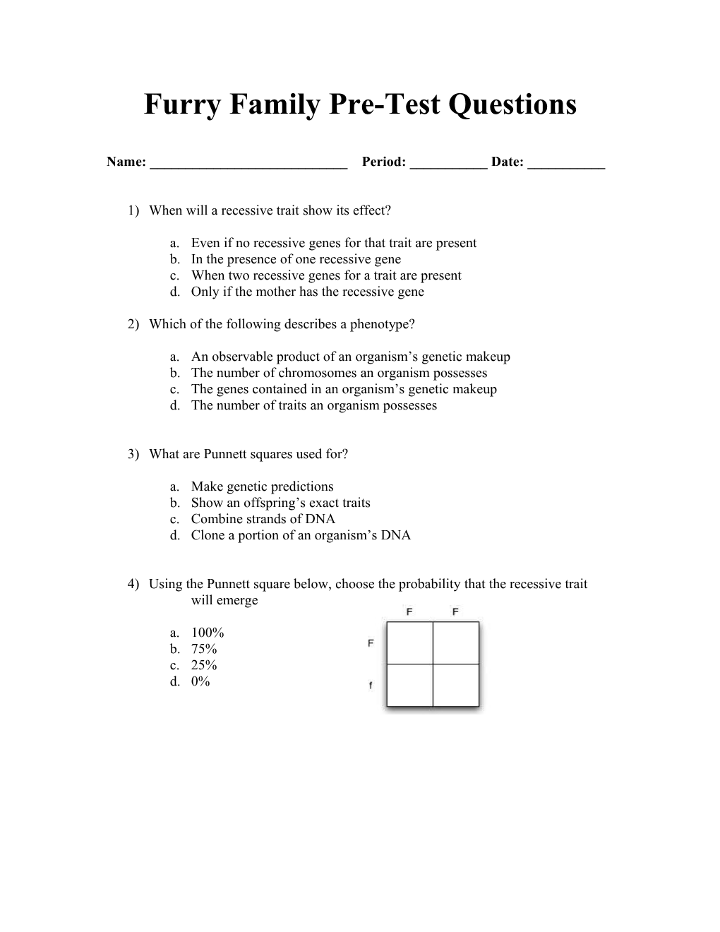 Furry Family Pre-Test Questions