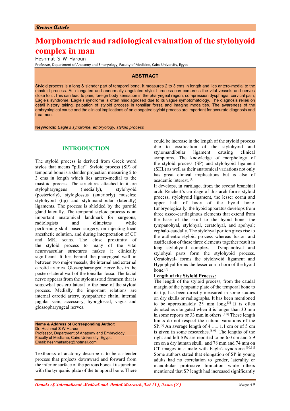 Morphometric and Radiological Evaluation of the Stylohyoid