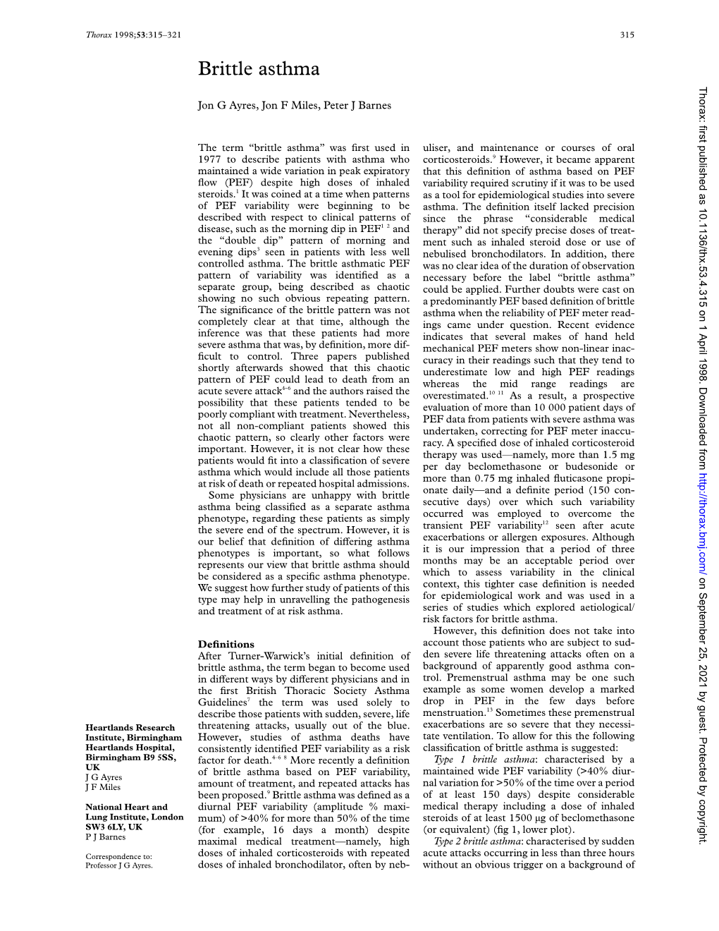 Brittle Asthma Thorax: First Published As 10.1136/Thx.53.4.315 on 1 April 1998