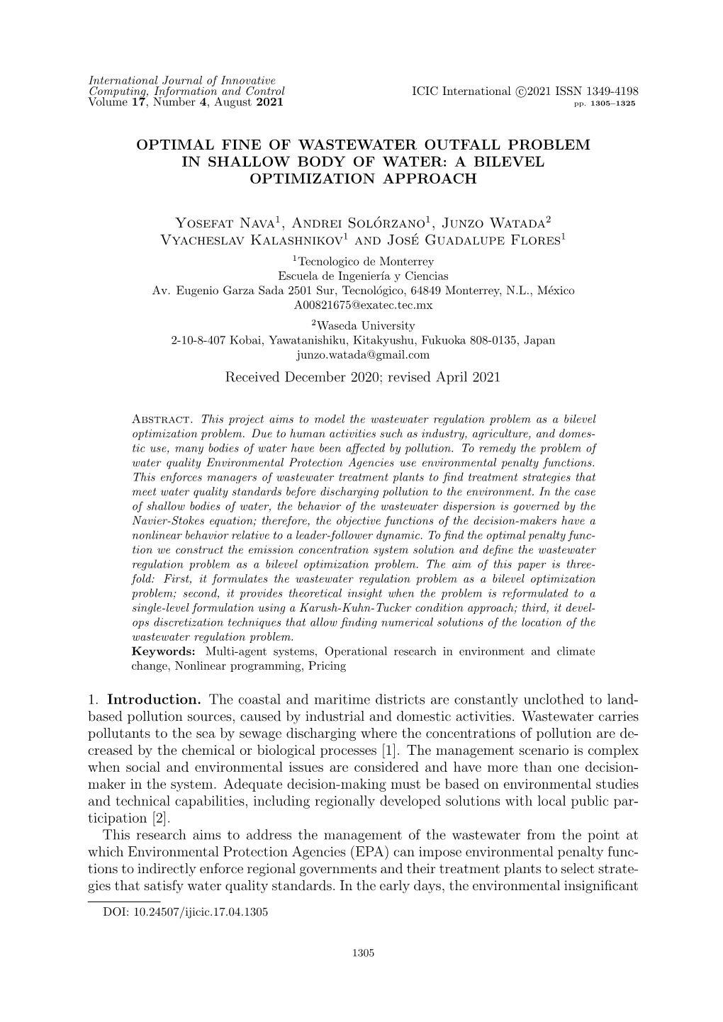 Optimal Fine of Wastewater Outfall Problem in Shallow Body of Water: a Bilevel Optimization Approach