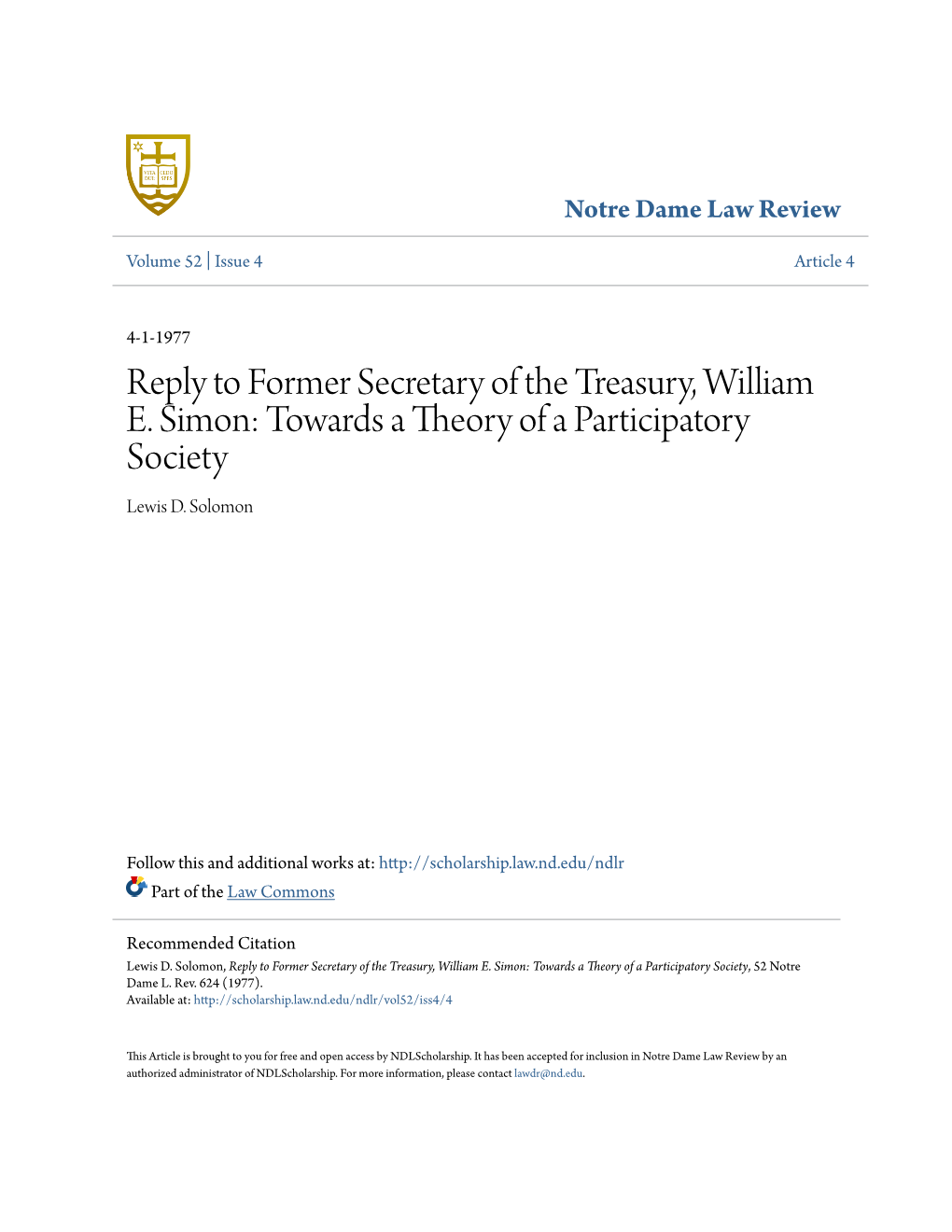 Reply to Former Secretary of the Treasury, William E. Simon: Towards a Theory of a Participatory Society Lewis D