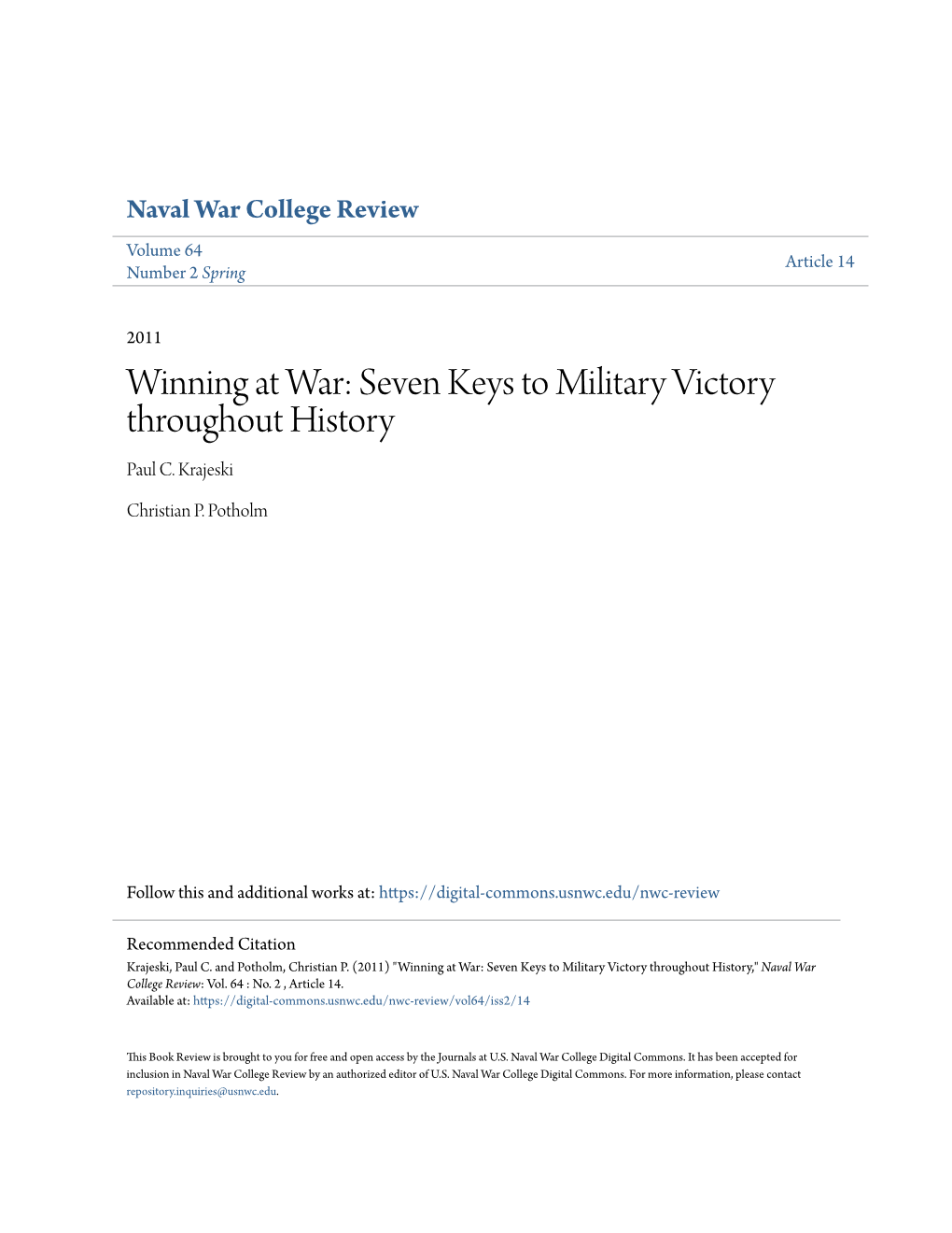 Winning at War: Seven Keys to Military Victory Throughout History Paul C