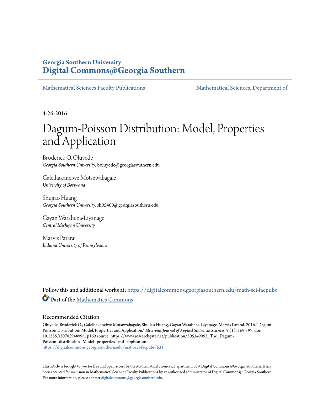 Dagum-Poisson Distribution: Model, Properties and Application Broderick O