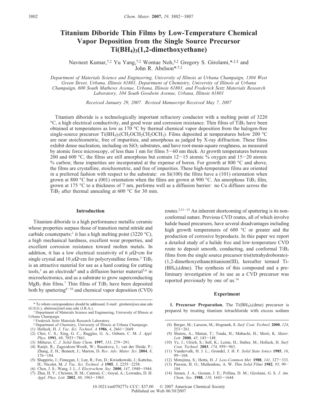Titanium Diboride Thin Films by Low-Temperature Chemical Vapor Deposition from the Single Source Precursor Ti(BH4)3(1,2-Dimethoxyethane)