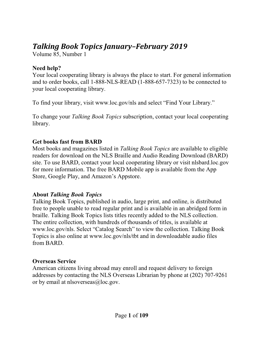 Talking Book Topics January-Februrary 2019