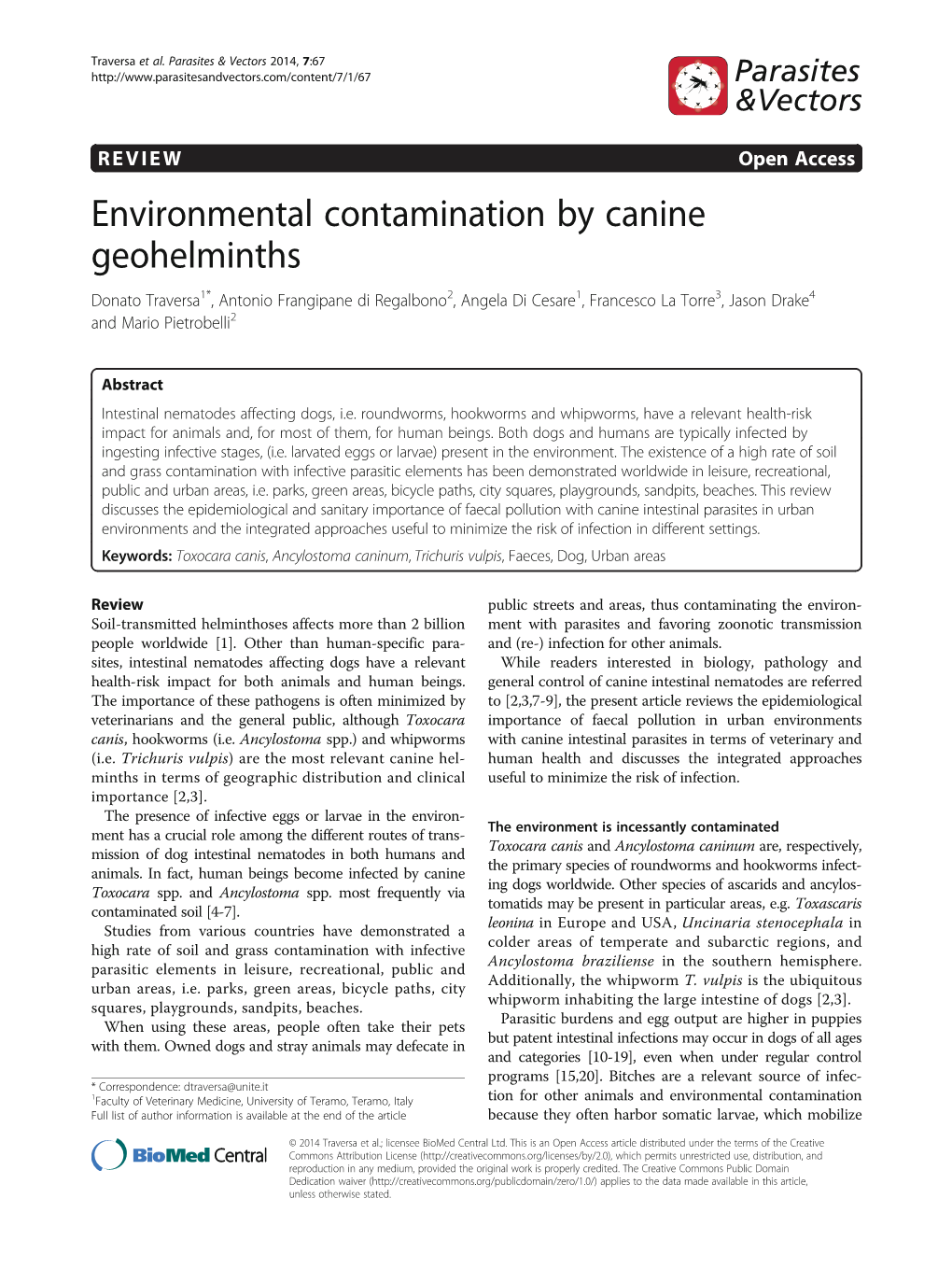 Environmental Contamination by Canine Geohelminths