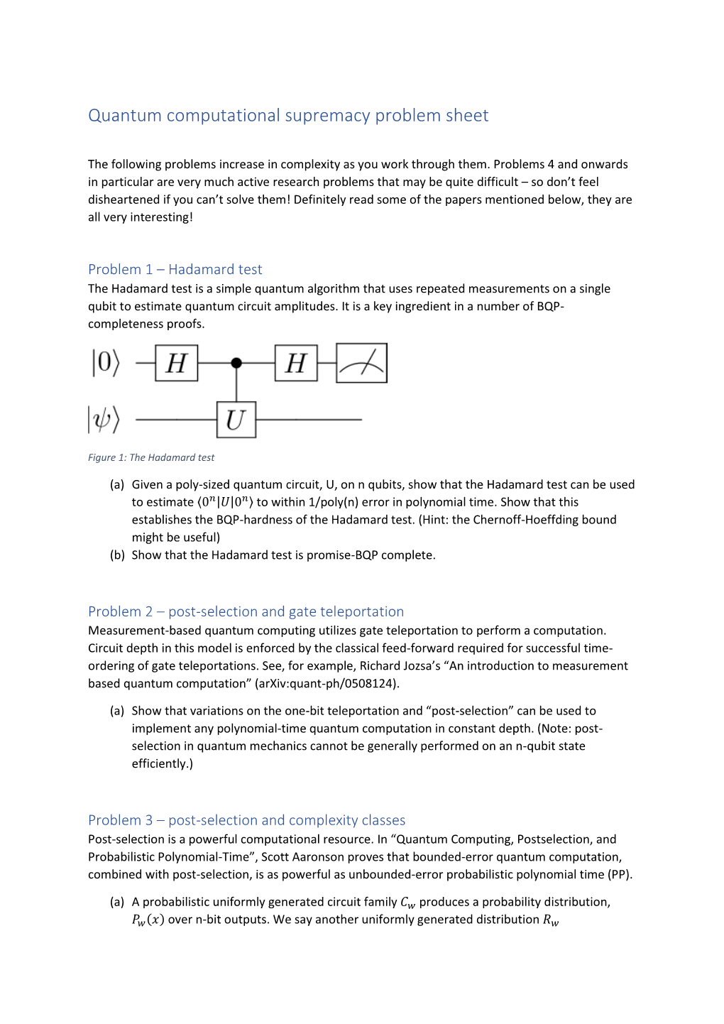 Quantum Computational Supremacy Problem Sheet