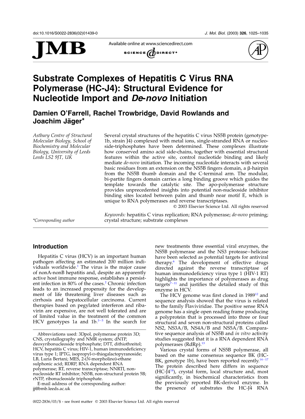 Substrate Complexes of Hepatitis C Virus RNA Polymerase (HC-J4): Structural Evidence for Nucleotide Import and De-Novo Initiation