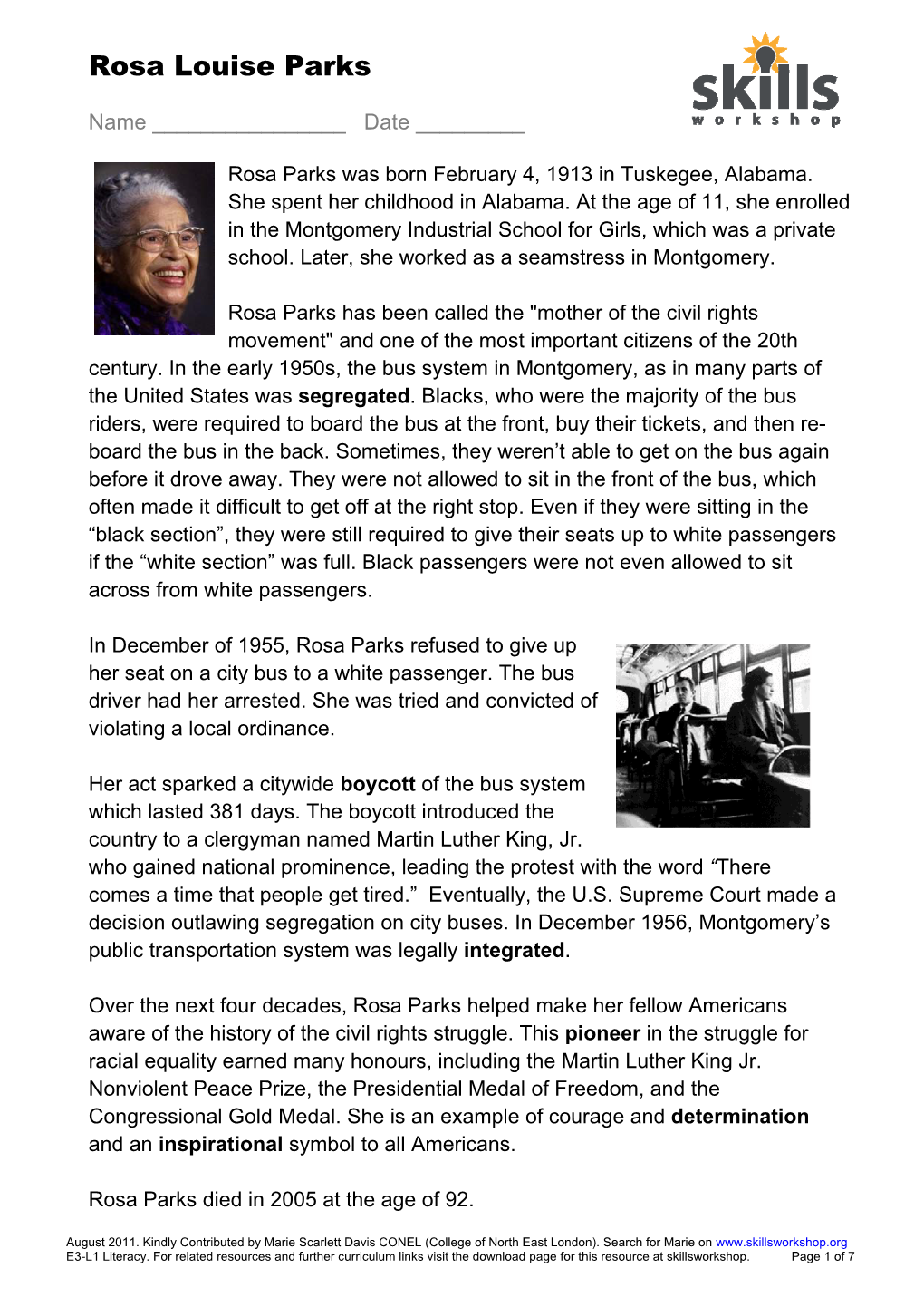 Rosa Parks Reading and Research Tasks for Black History Month