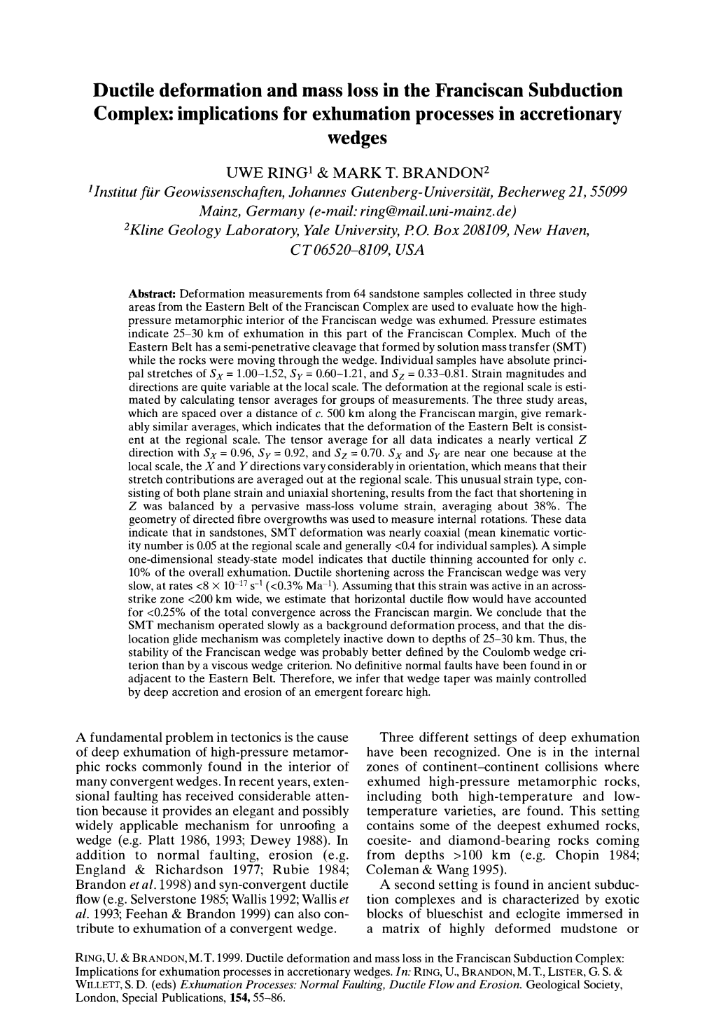 Ductile Deformation and Mass Loss in the Franciscan Subduction Complex: Implications for Exhumation Processes in Accretionary Wedges