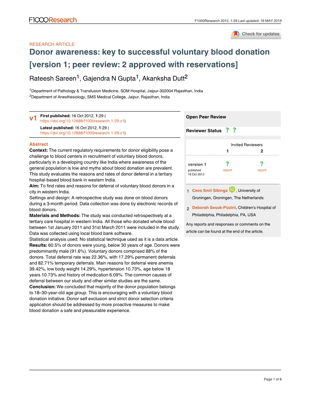 Donor Awareness: Key to Successful Voluntary Blood Donation [Version 1; Peer Review: 2 Approved with Reservations] Rateesh Sareen1, Gajendra N Gupta1, Akanksha Dutt2