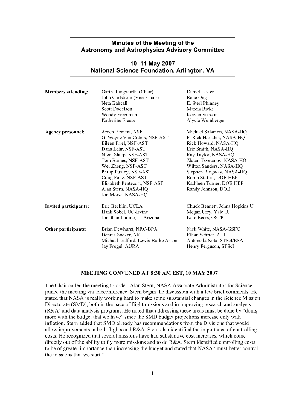 Minutes of the Meeting of the Astronomy and Astrophysics Advisory Committee