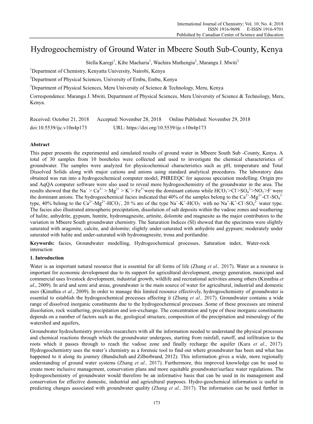 Hydrogeochemistry of Ground Water in Mbeere South Sub-County, Kenya