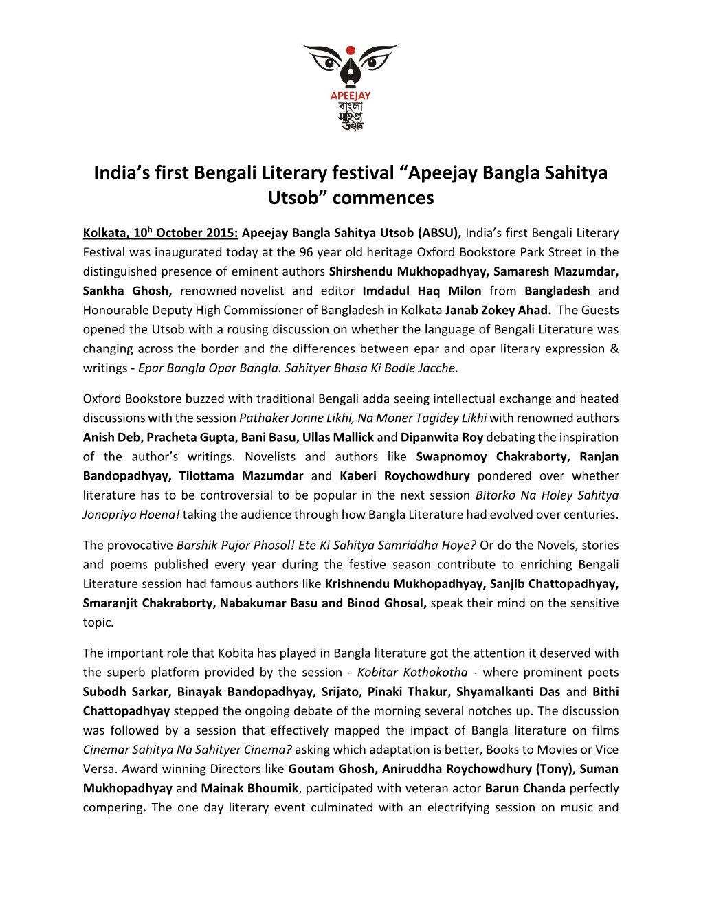 India's First Bengali Literary Festival “Apeejay Bangla Sahitya Utsob