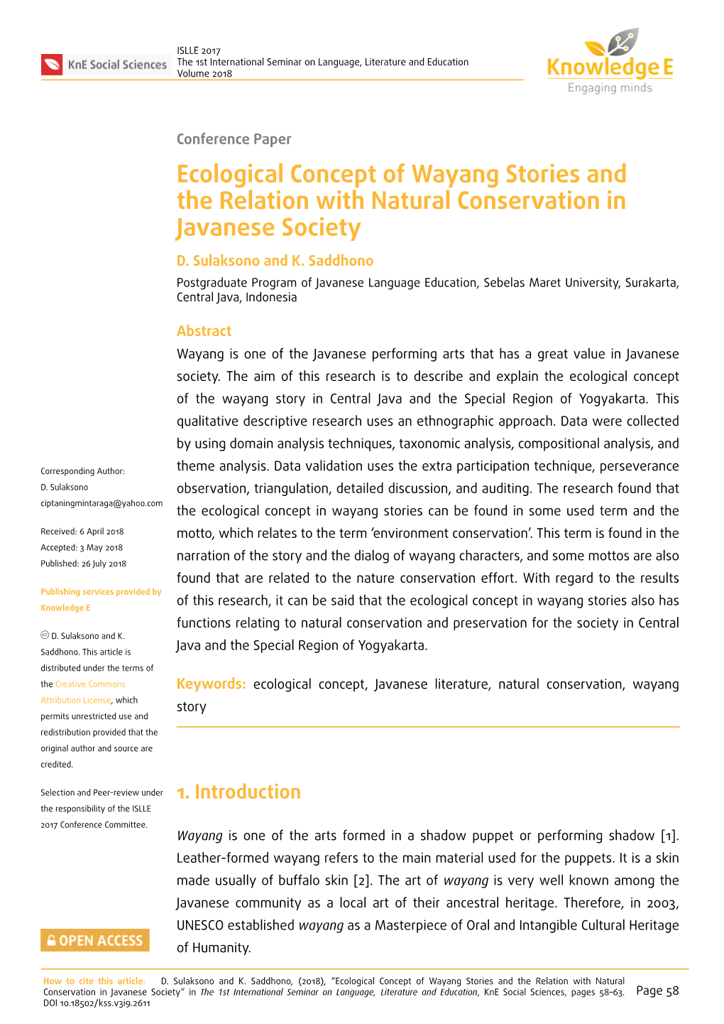 Ecological Concept of Wayang Stories and the Relation with Natural Conservation in Javanese Society D