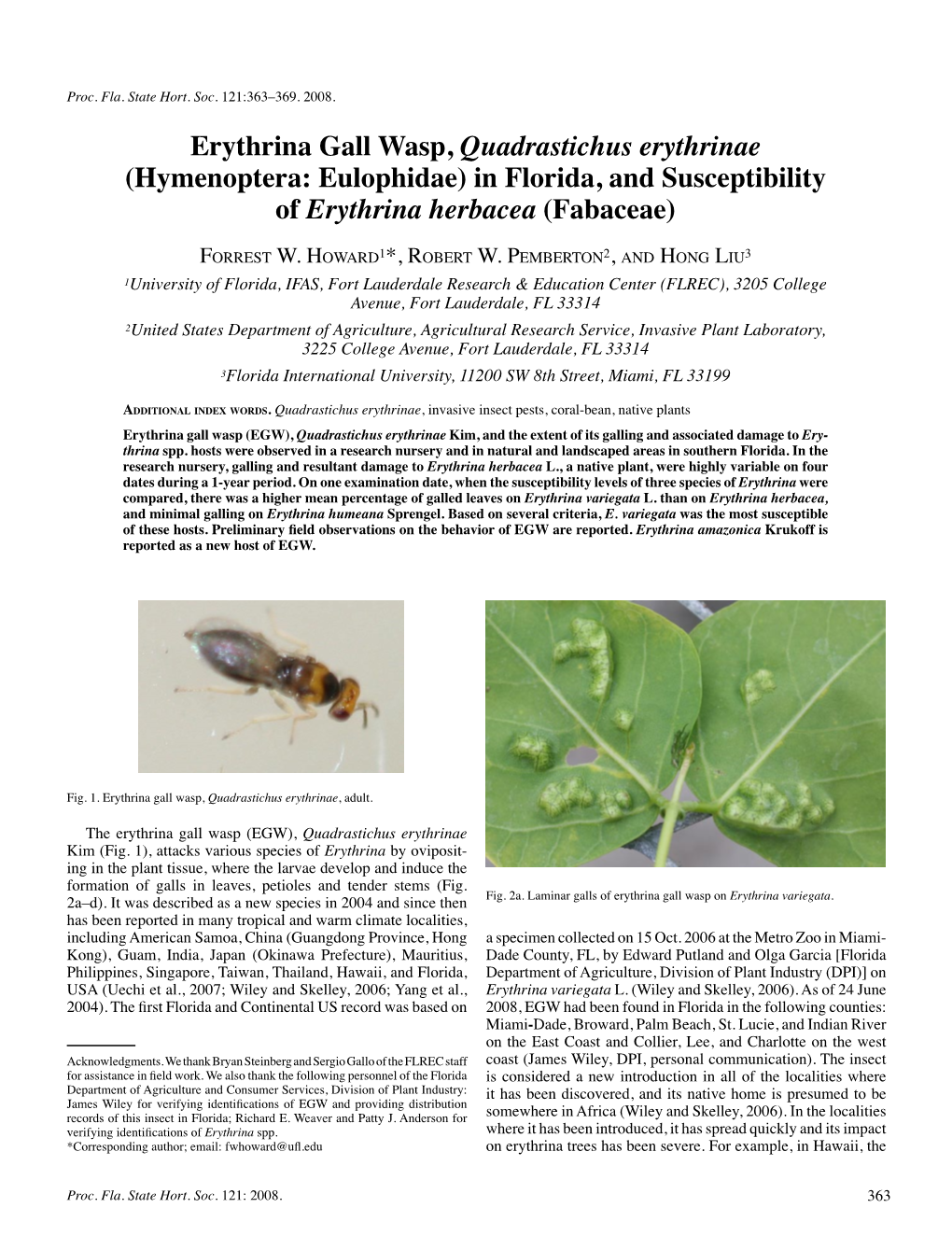 Erythrina Gall Wasp, Quadrastichus Erythrinae (Hymenoptera: Eulophidae) in Florida, and Susceptibility of Erythrina Herbacea (Fabaceae)