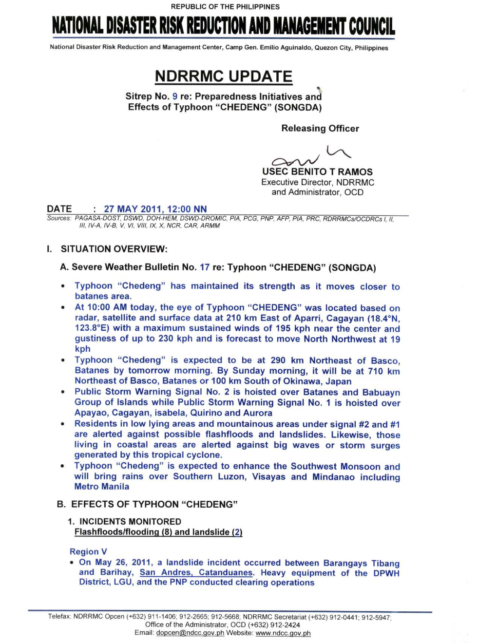 NDRRMC Update Sitrep No. 9 CHEDENG 27May2011, 12NN