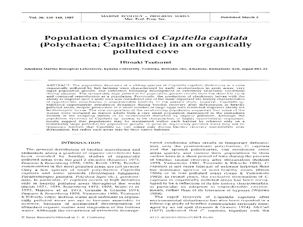 Population Dynamics of Capitella Capitata in the Bility of Their Respective Habitats (Grassle 1980)