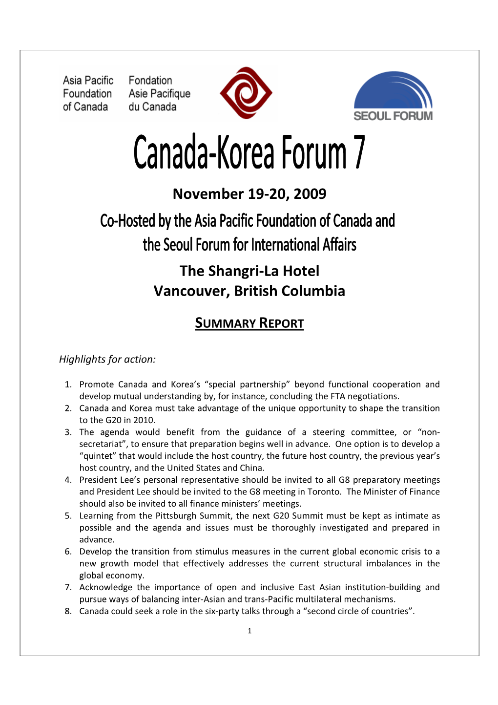 Canada-Korea Forum 7: Summary Report