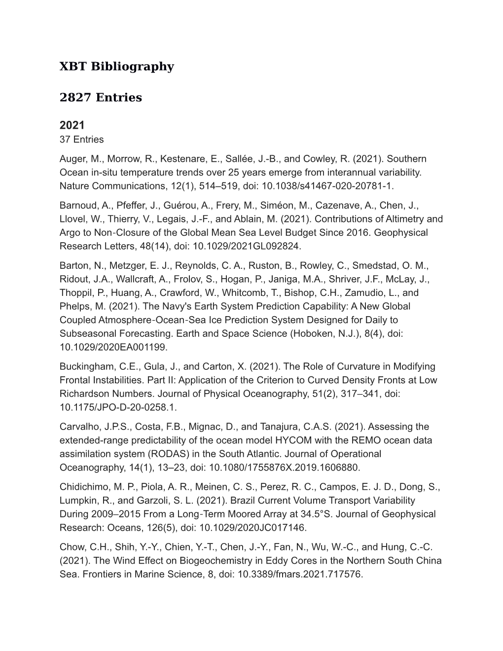 XBT Bibliography 2746 Entries 2020 56 Entries Belkin, I., Foppert, A