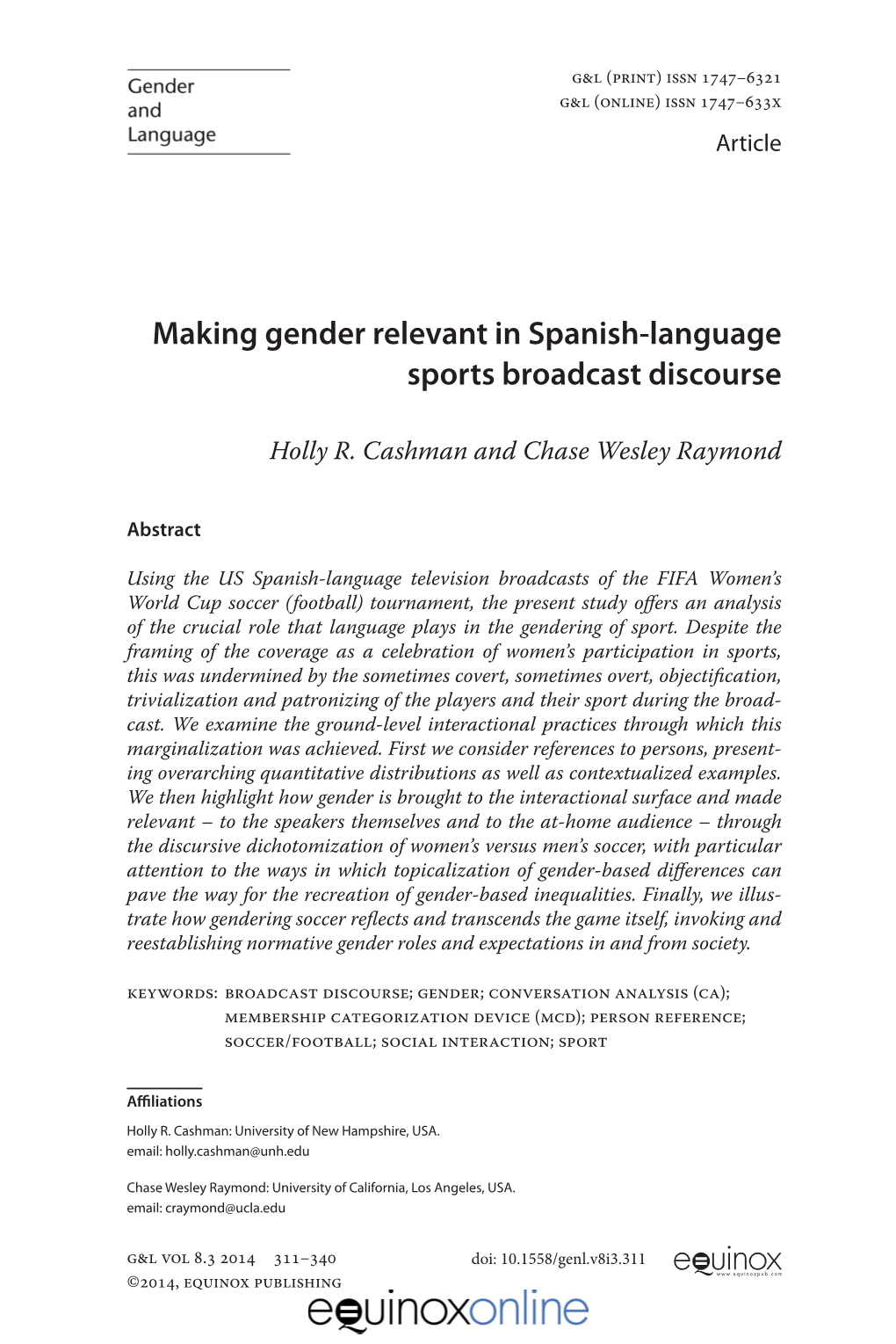 Making Gender Relevant in Spanish-Language Sports Broadcast Discourse