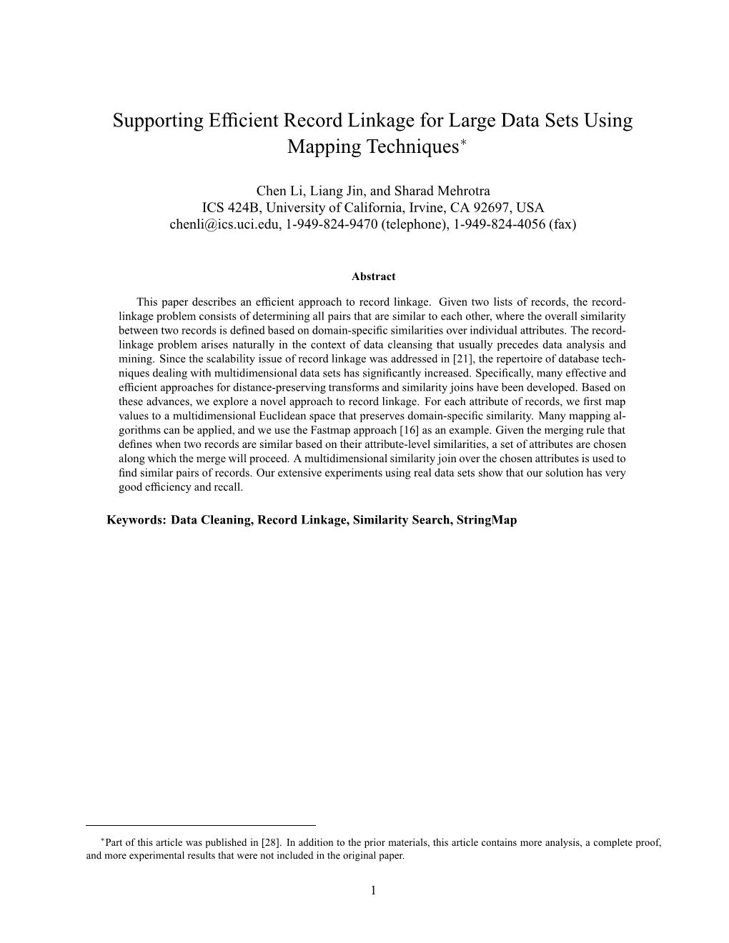 Supporting Efficient Record Linkage for Large Data Sets Using Mapping