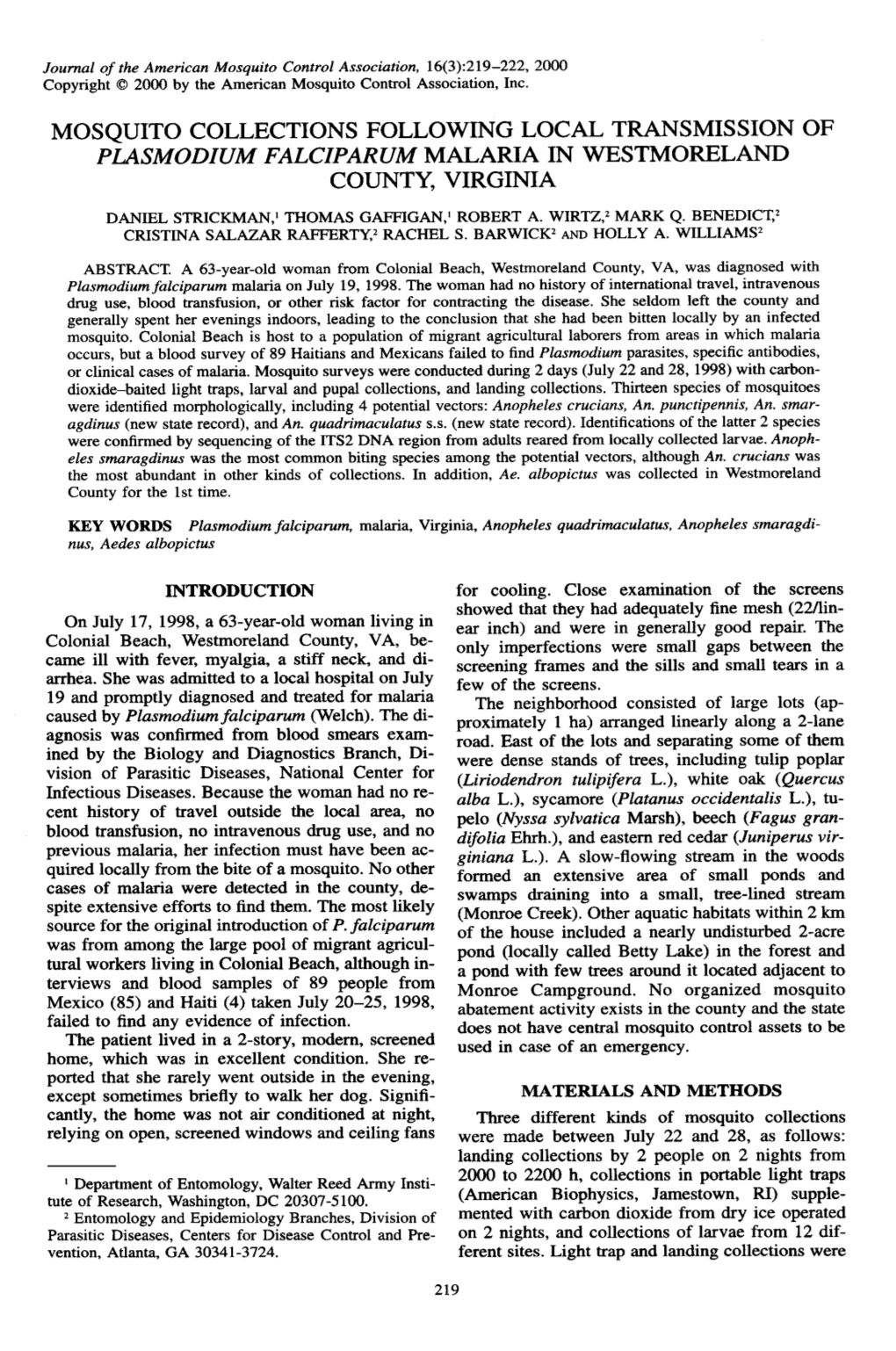 Mosquito Collections Following Local Transmission of Pi^A,S M Od I Um Falc I Paru M Malaria in Westmoreland County, Virginia