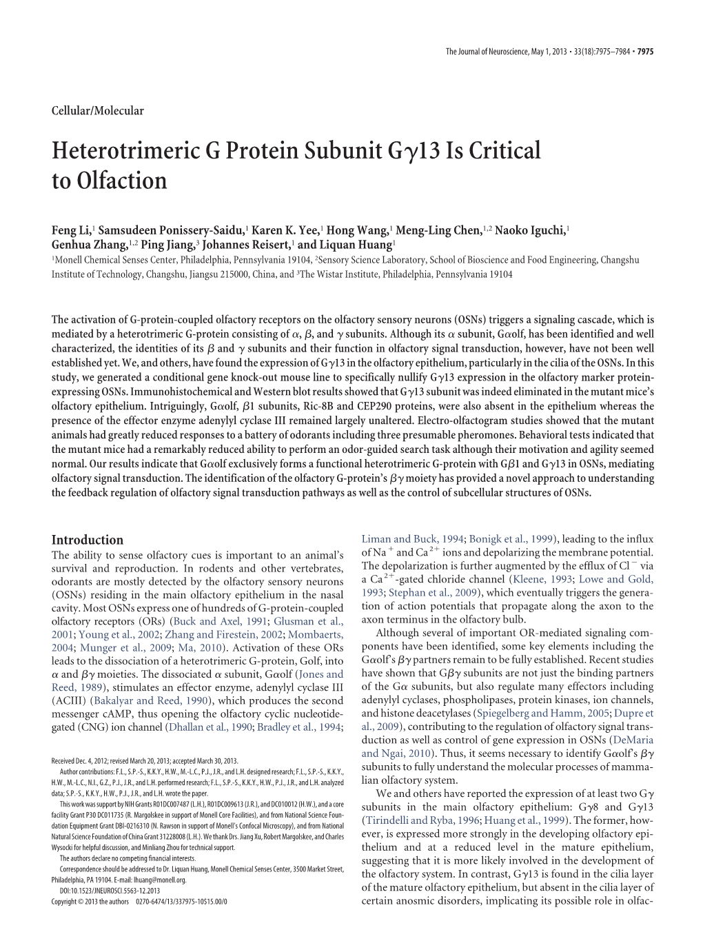 Heterotrimeric G Protein Subunit G 13 Is Critical to Olfaction