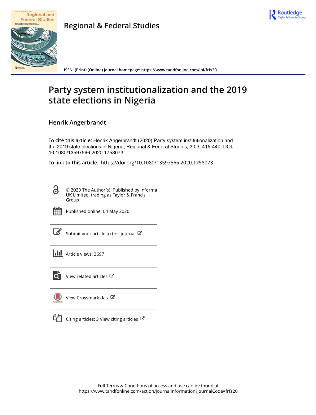 Party System Institutionalization and the 2019 State Elections in Nigeria