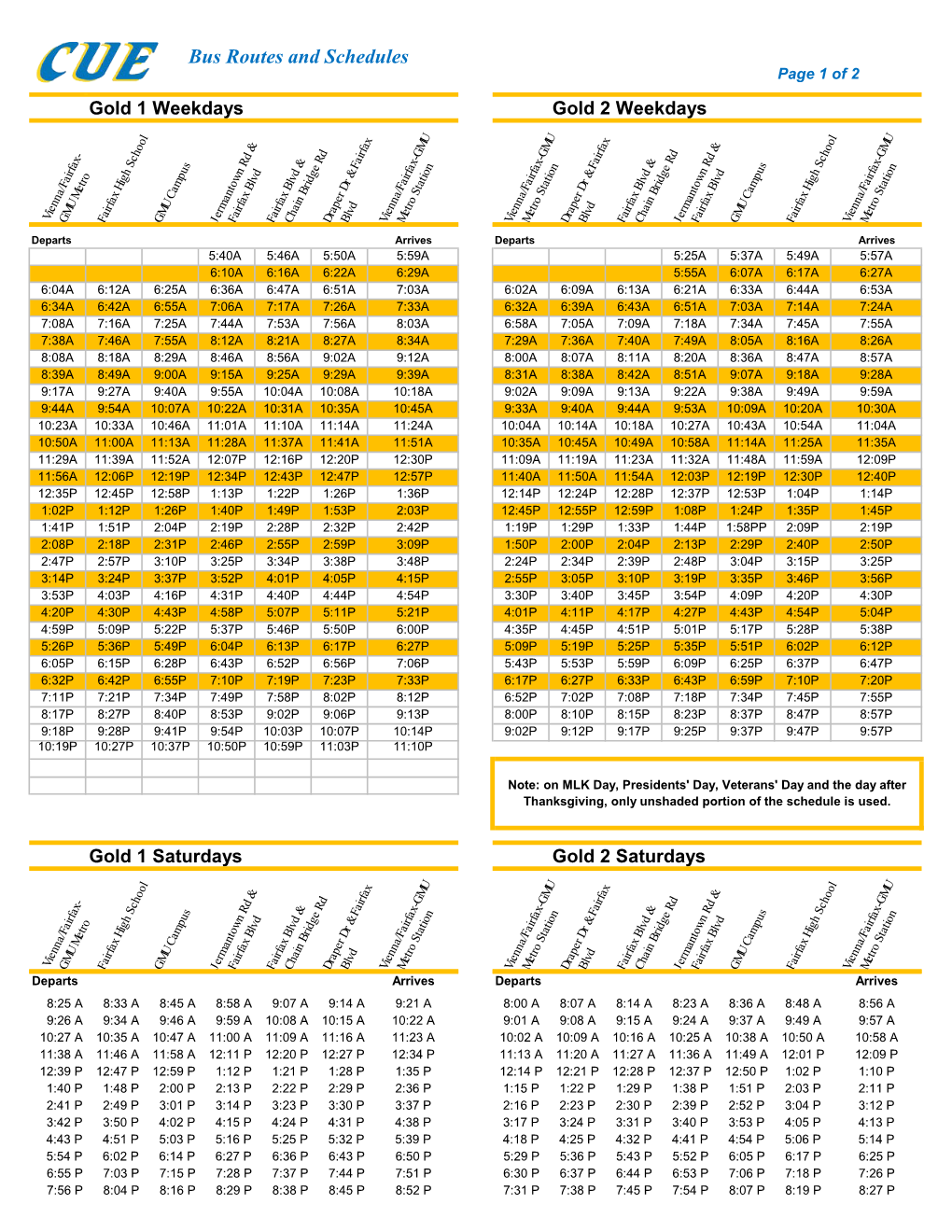 Bus Routes and Schedules Page 1 of 2 Gold 1 Weekdays Gold 2 Weekdays