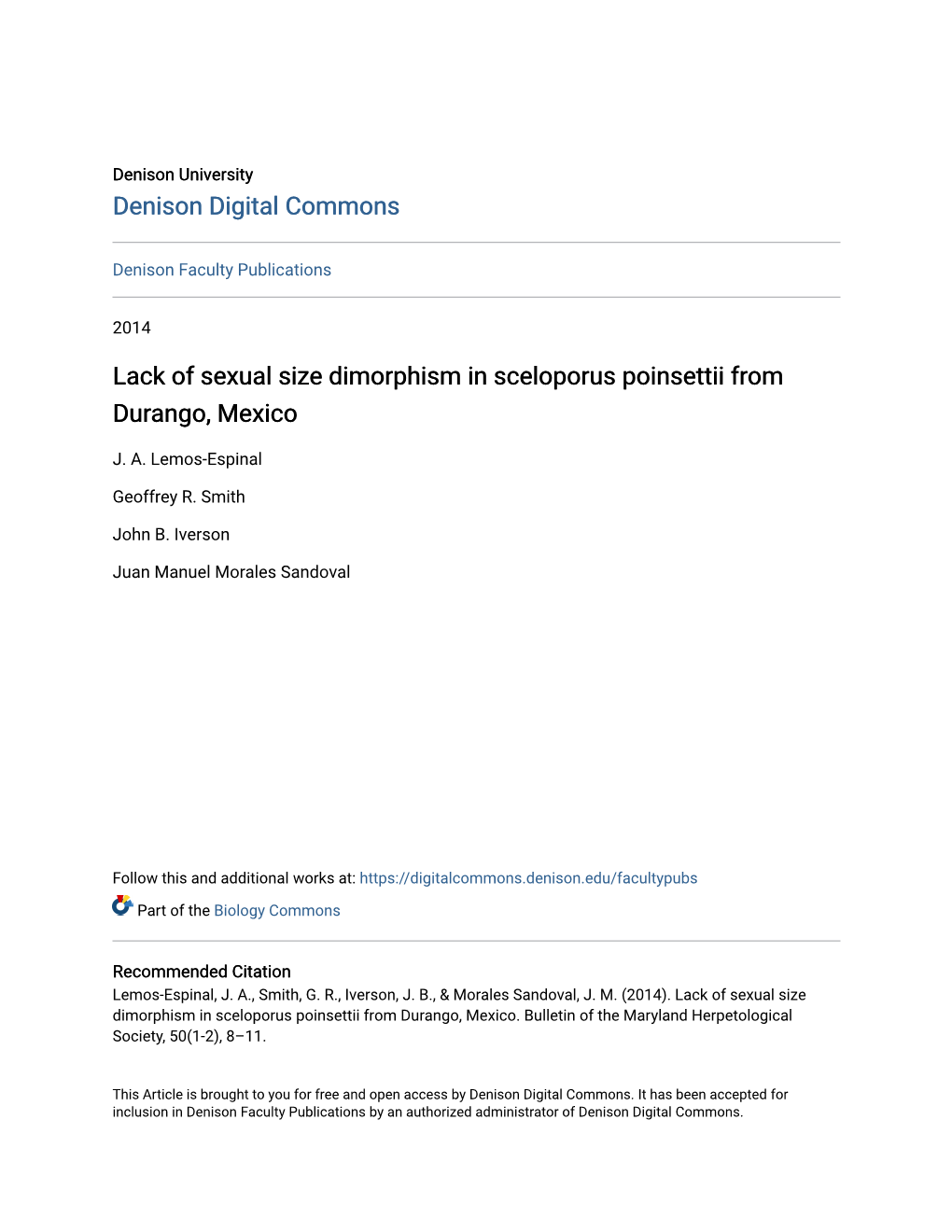 Lack of Sexual Size Dimorphism in Sceloporus Poinsettii from Durango, Mexico