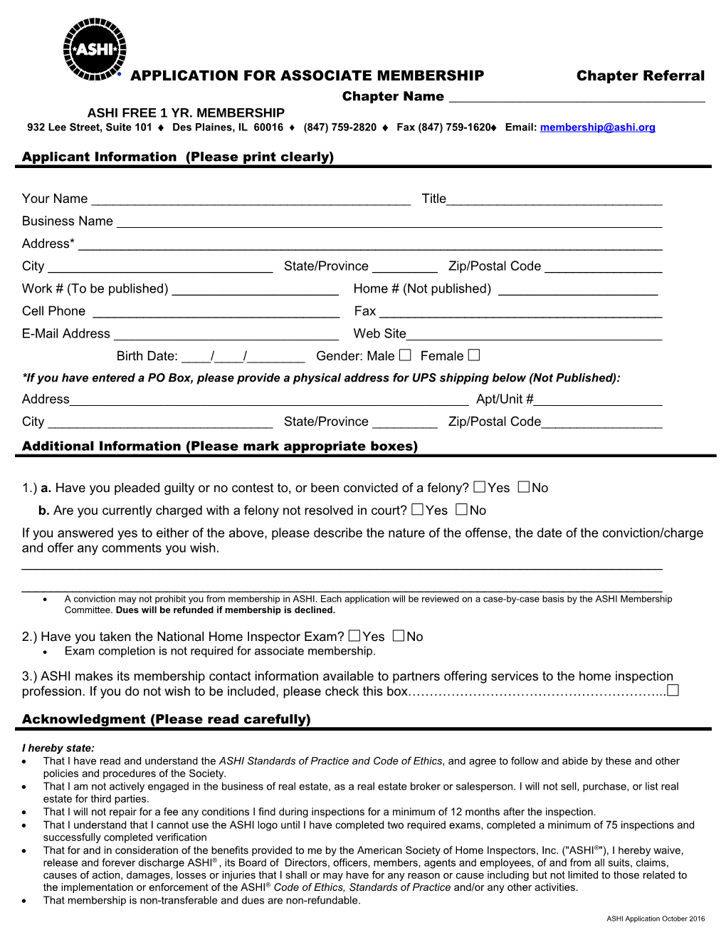 American Society of Home Inspectors APPLICATION for CANDIDATE STATUS