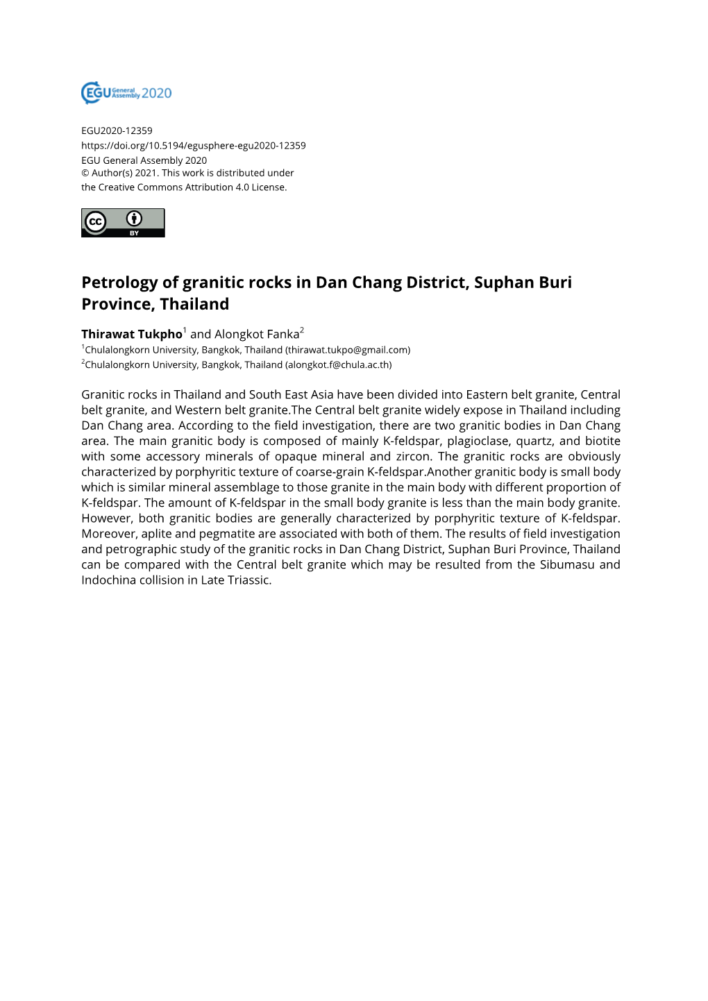 Petrology of Granitic Rocks in Dan Chang District, Suphan Buri Province, Thailand