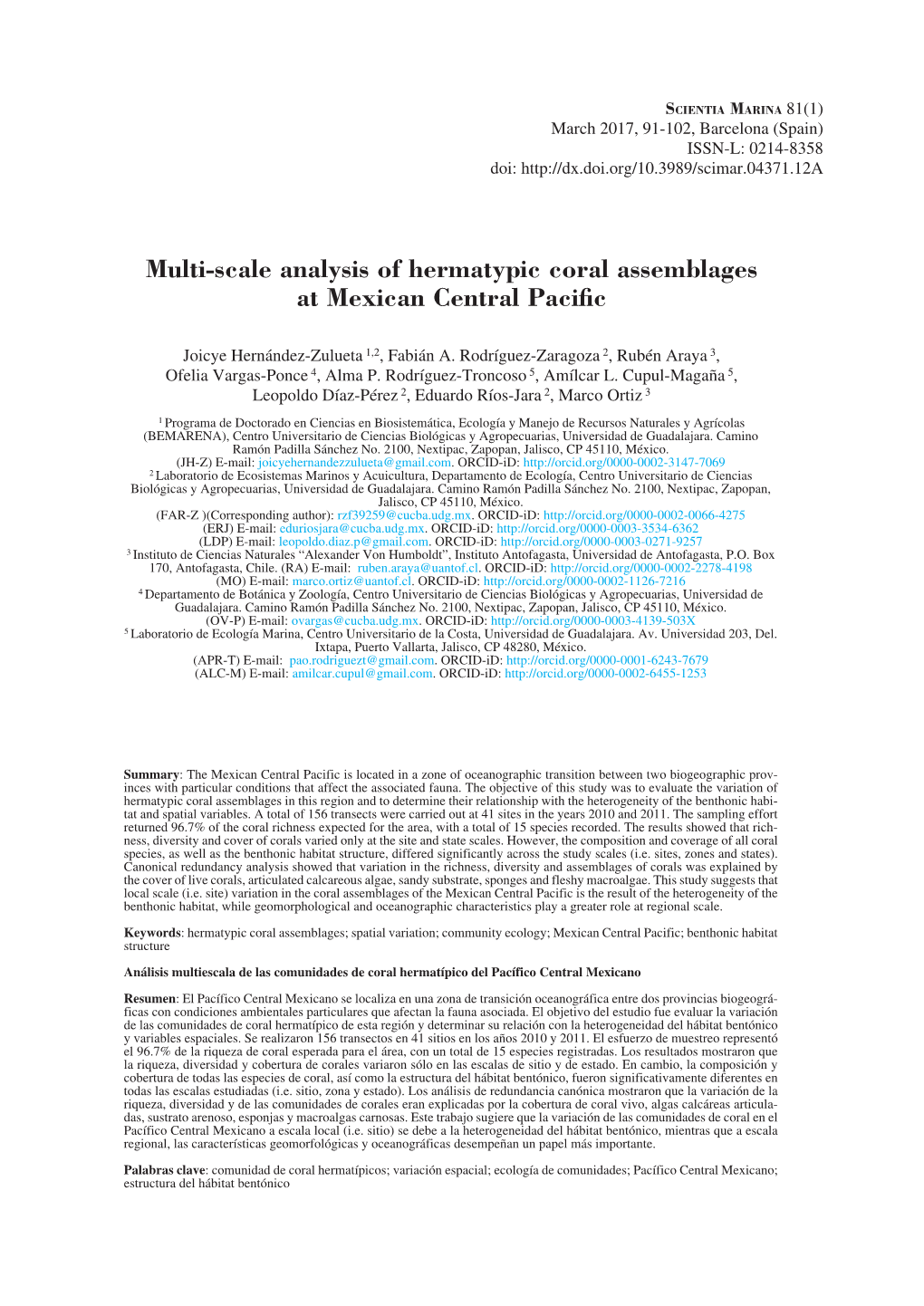 Multi-Scale Analysis of Hermatypic Coral Assemblages at Mexican Central Pacific