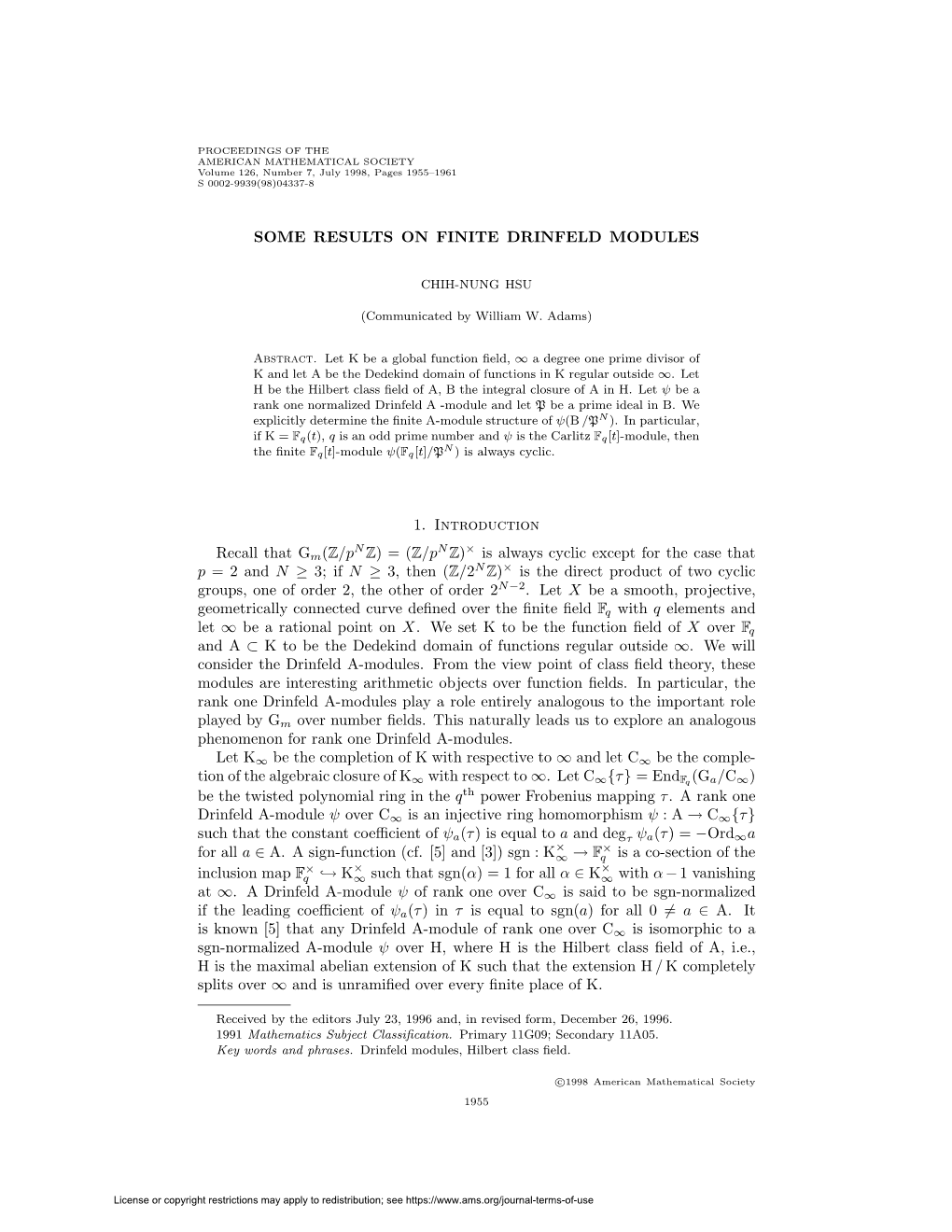 Some Results on Finite Drinfeld Modules 1957