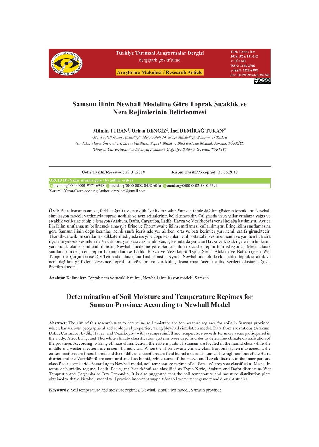 Samsun İlinin Newhall Modeline Göre Toprak Sıcaklık Ve Nem Rejimlerinin Belirlenmesi Determination of Soil Moisture and Temp