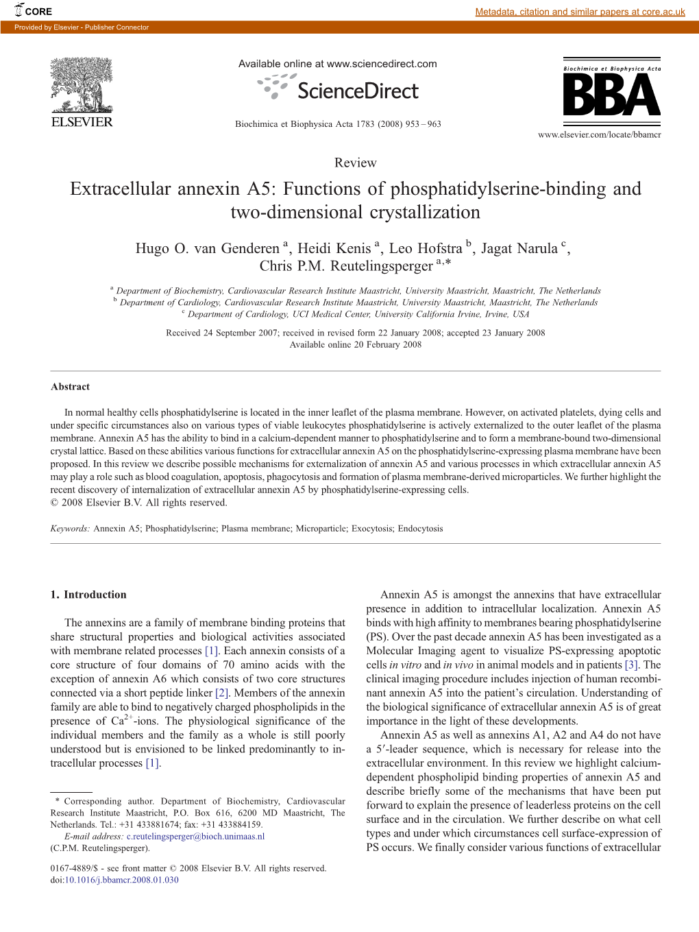 Extracellular Annexin A5: Functions of Phosphatidylserine-Binding and Two-Dimensional Crystallization