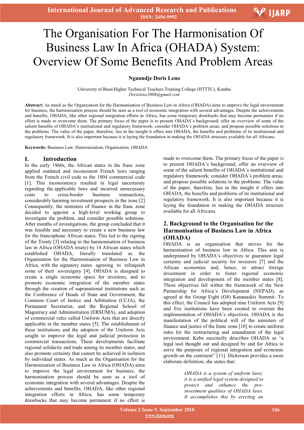 The Organisation for the Harmonisation of Business Law in Africa (OHADA) System: Overview of Some Benefits and Problem Areas