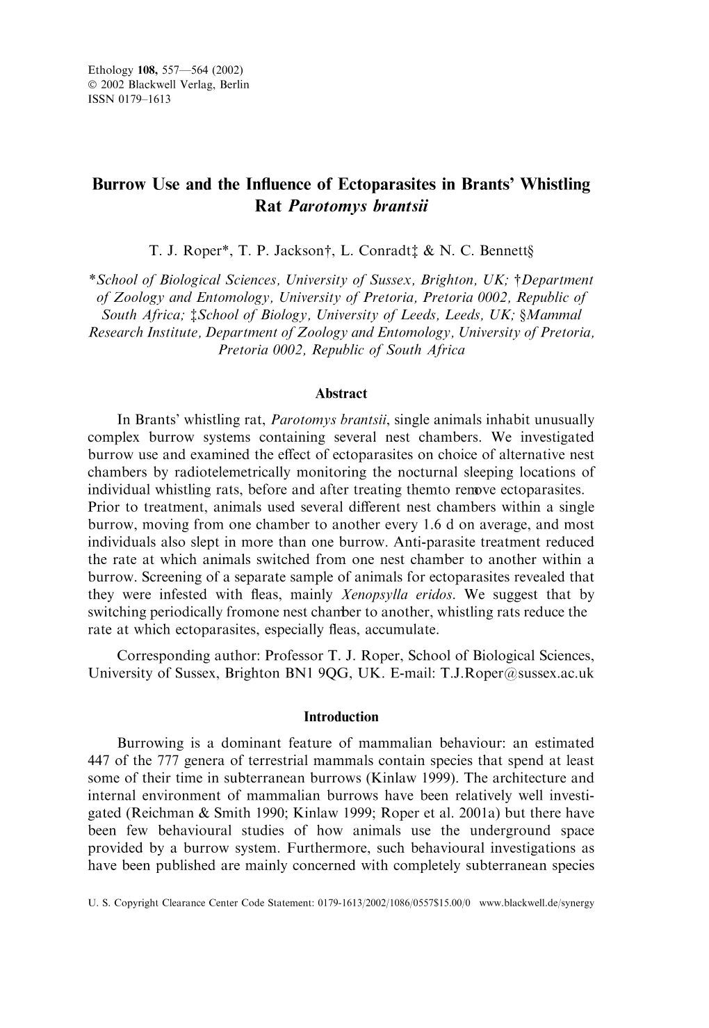 Burrow Use and the Influence of Ectoparasites in Brants' Whistling